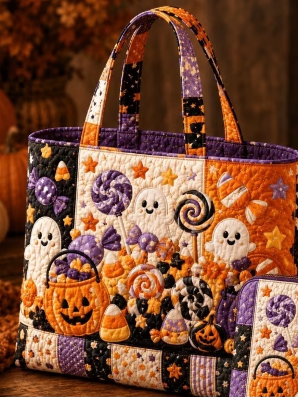 Quilted Halloween Tote & Cosmetic Bag in Halloween Colors | Orange & Purple